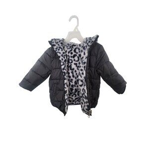 Reversible Toddler Girls Bubble Coat With Hood Faux Fur Leopard Print & Black Wa